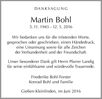 Traueranzeige von Martin Bohl von Gießener Allgemeine, Alsfelder Allgemeine