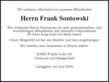 Traueranzeige von Frank Sontowski von Gießener Allgemeine, Alsfelder Allgemeine