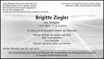Traueranzeige von Brigitte Ziegler von Gießener Allgemeine, Alsfelder Allgemeine