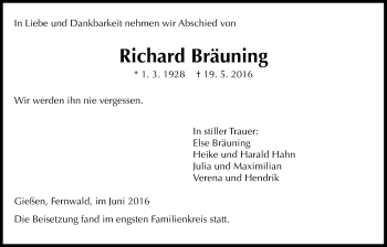 Traueranzeige von Richard Bräuning von Gießener Allgemeine, Alsfelder Allgemeine