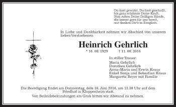 Traueranzeige von Heinrich Gehrlich von Wetterauer Zeitung, Wetterauer Zeitung