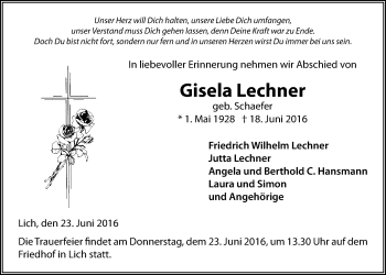Traueranzeige von Gisela Lechner von Licher Wochenblatt, Licher Wochenblatt, Licher Wochenblatt
