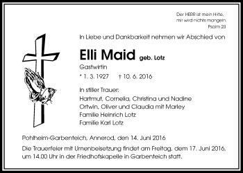 Traueranzeige von Elli Maid von Gießener Allgemeine, Alsfelder Allgemeine