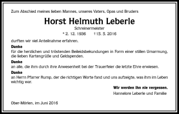 Traueranzeige von Horst Helmuth Leberle von Wetterauer Zeitung, Wetterauer Zeitung