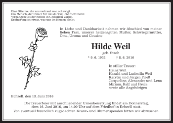 Traueranzeige von Hilde Weil von Wetterauer Zeitung, Wetterauer Zeitung