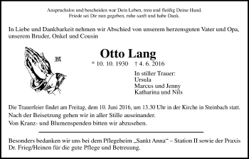 Traueranzeige von Otto Lang von Gießener Allgemeine, Alsfelder Allgemeine