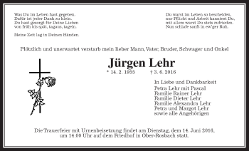 Traueranzeige von Jürgen Lehr von Wetterauer Zeitung, Wetterauer Zeitung