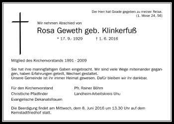 Traueranzeige von Rosa Geweth von Wetterauer Zeitung, Wetterauer Zeitung