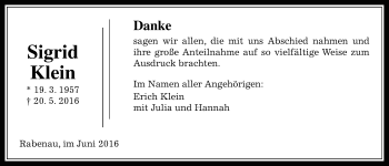 Traueranzeige von Sigrid Klein von Allendorfer Mitteilungen, Rabenauer Zeitung