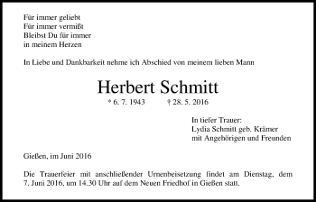 Traueranzeige von Herbert Schmitt von Gießener Allgemeine, Alsfelder Allgemeine