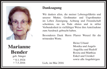 Traueranzeige von Marianne Bender von Licher Wochenblatt, Licher Wochenblatt, Licher Wochenblatt
