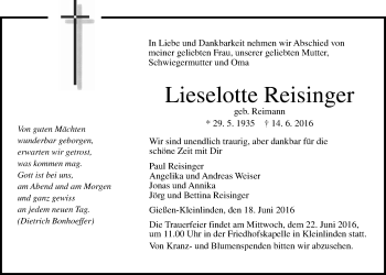 Traueranzeige von Lieselotte Reisinger von Gießener Allgemeine, Alsfelder Allgemeine