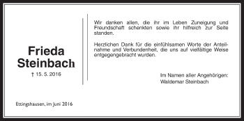 Traueranzeige von Frieda Steinbach von Gießener Allgemeine, Alsfelder Allgemeine