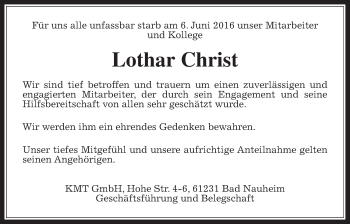 Traueranzeige von Lothar Christ von Wetterauer Zeitung, Wetterauer Zeitung