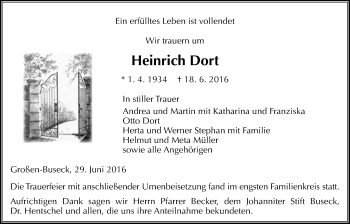 Traueranzeige von Heinrich Dort von Gießener Allgemeine, Alsfelder Allgemeine