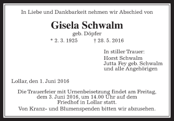 Traueranzeige von Gisela Schwalm von Gießener Allgemeine, Alsfelder Allgemeine