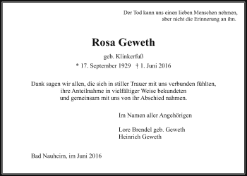 Traueranzeige von Rosa Geweth von Wetterauer Zeitung, Wetterauer Zeitung