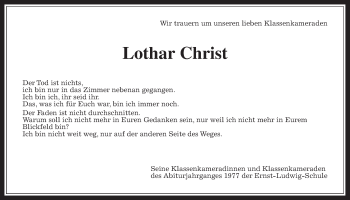 Traueranzeige von Lothar Christ von Wetterauer Zeitung, Wetterauer Zeitung