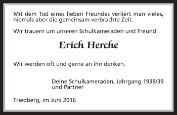 Traueranzeige von Erich Herche von Wetterauer Zeitung, Wetterauer Zeitung
