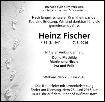 Traueranzeige von Heinz Fischer von Gießener Allgemeine, Alsfelder Allgemeine