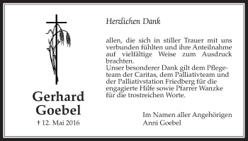 Traueranzeige von Gerhard Goebel von Wetterauer Zeitung, Wetterauer Zeitung