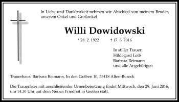 Traueranzeige von Willi Dowidowski von Gießener Allgemeine, Alsfelder Allgemeine