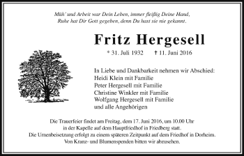 Traueranzeige von Fritz Hergesell von Wetterauer Zeitung, Wetterauer Zeitung