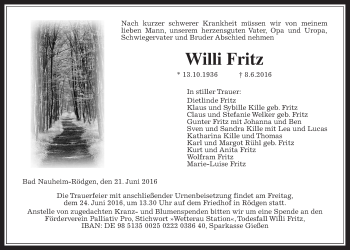 Traueranzeige von Willi Fritz von Wetterauer Zeitung, Wetterauer Zeitung