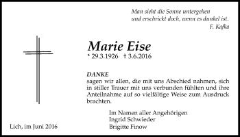 Traueranzeige von Marie Eise von Licher Wochenblatt, Licher Wochenblatt, Licher Wochenblatt