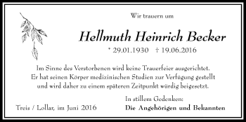 Traueranzeige von Hellmuth Heinrich Becker von Gießener Allgemeine, Alsfelder Allgemeine