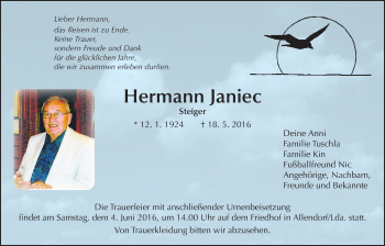 Traueranzeige von Hermann Janiec von Gießener Allgemeine, Alsfelder Allgemeine