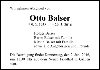 Traueranzeige von Otto Balser von Gießener Allgemeine, Alsfelder Allgemeine