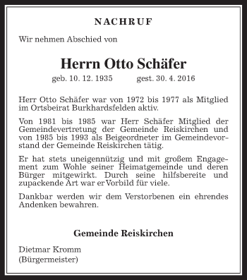 Traueranzeige von Otto Schäfer von Reiskirchener Anzeiger