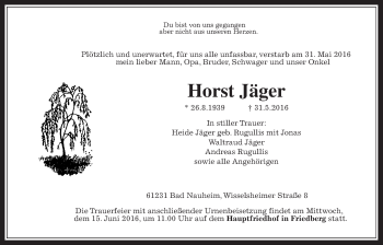 Traueranzeige von Horst Jäger von Wetterauer Zeitung, Wetterauer Zeitung