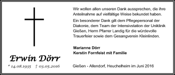 Traueranzeige von Erwin Dörr von Gießener Allgemeine, Alsfelder Allgemeine