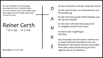 Traueranzeige von Reiner Gerth von Gießener Allgemeine, Alsfelder Allgemeine