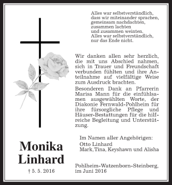 Traueranzeige von Monika Linhard von Pohlheimer Nachrichten