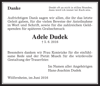 Traueranzeige von Adele Dudek von Wetterauer Zeitung, Wetterauer Zeitung