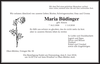 Traueranzeige von Maria Büdinger von Wetterauer Zeitung, Wetterauer Zeitung