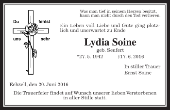 Traueranzeige von Lydia Soine von Wetterauer Zeitung, Wetterauer Zeitung