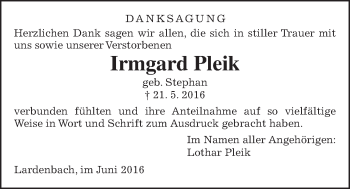 Traueranzeige von Irmgard Pleik von Gießener Allgemeine, Alsfelder Allgemeine