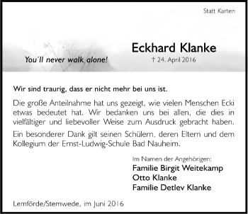 Traueranzeige von Eckhard Klanke von Wetterauer Zeitung, Wetterauer Zeitung