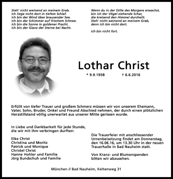Traueranzeige von Lothar Christ von Wetterauer Zeitung, Wetterauer Zeitung