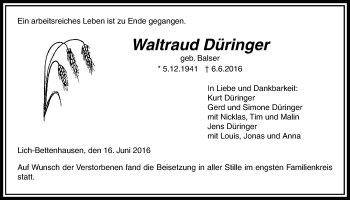 Traueranzeige von Waltraud Düringer von Licher Wochenblatt, Licher Wochenblatt, Licher Wochenblatt