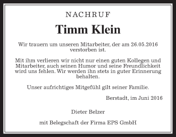 Traueranzeige von Timm Klein von Wetterauer Zeitung, Wetterauer Zeitung