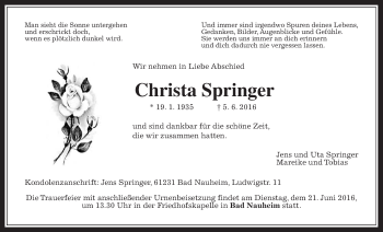 Traueranzeige von Christa Springer von Wetterauer Zeitung, Wetterauer Zeitung