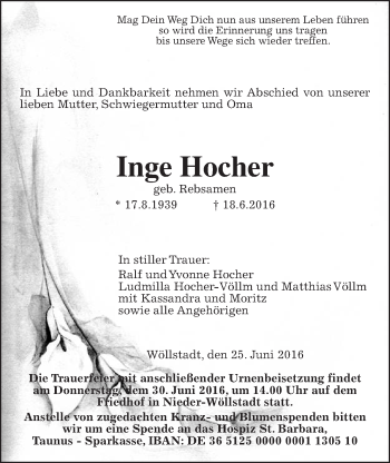 Traueranzeige von Inge Hocher von Wetterauer Zeitung, Wetterauer Zeitung