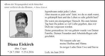 Traueranzeige von Diana Eiskirch von Licher Wochenblatt, Licher Wochenblatt, Licher Wochenblatt
