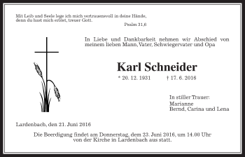 Traueranzeige von Karl Schneider von Gießener Allgemeine, Alsfelder Allgemeine