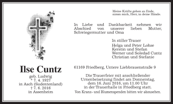 Traueranzeige von Ilse Cuntz von Wetterauer Zeitung, Wetterauer Zeitung